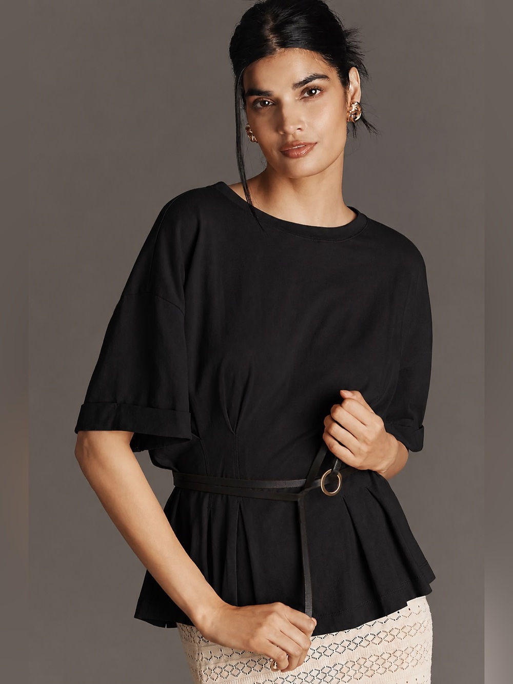 NEW Anthropologie Pleated Peplum Tee Black Short Sleeve Cinched Back XS Petite